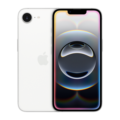 White background with two iPhone 16e showing the front and back of the phone