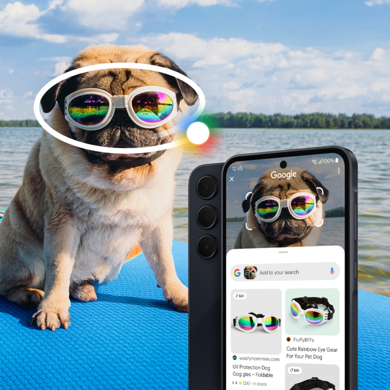 A35 device resting on a picture of a pug dog in swim goggles. The goggles are circled. Google results for the goggles are shown on the device screen.